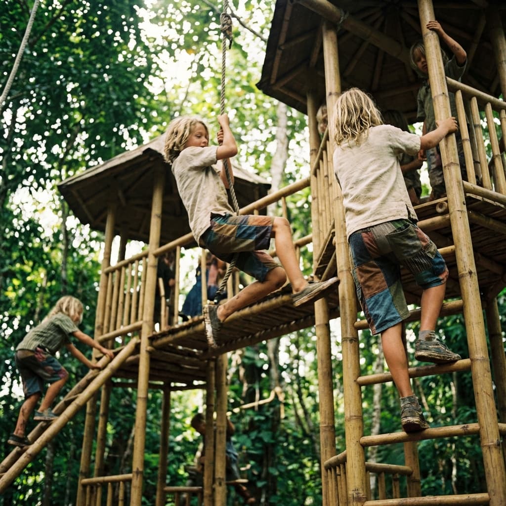 Kids playing actively in durable outdoor clothing