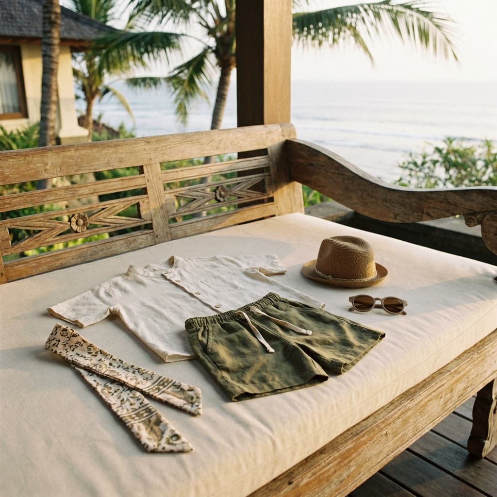 Child transitioning from beach wear to temple-appropriate clothing