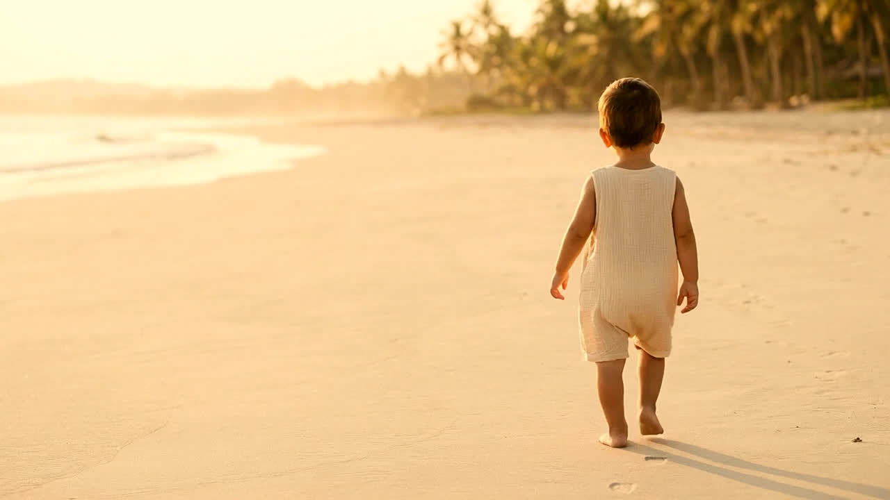 A child in an EPIC muslin cotton playsuit walking on a Bali beach